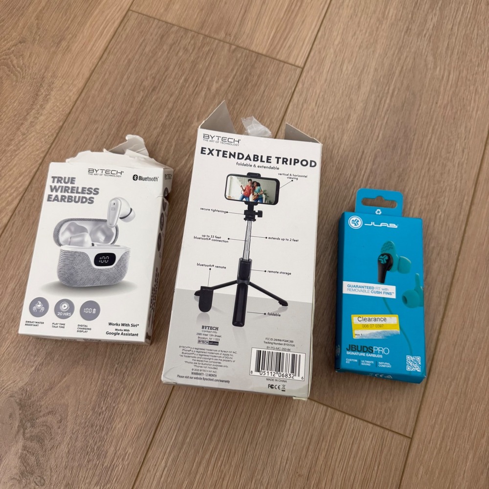 Bytech Wireless Earbuds Tripod with Remote and JLab JBuds Pro Earbuds Bundle